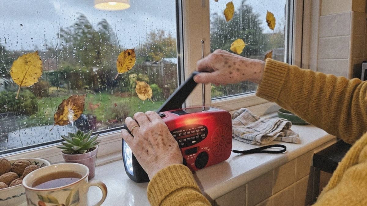 Hände am Kurbelradio auf der Fensterbank, draußen Herbstregen und Laub am Glas