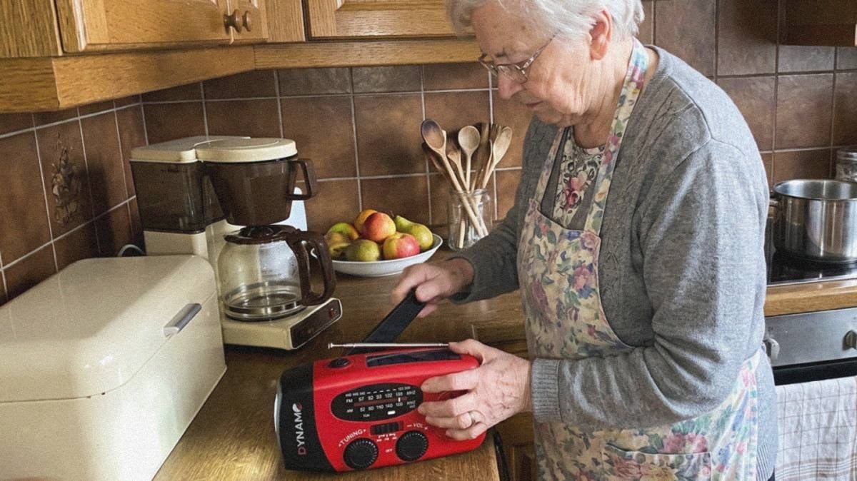 Ältere Frau in ihrer Küche zieht die Antenne des roten Kurbelradios aus