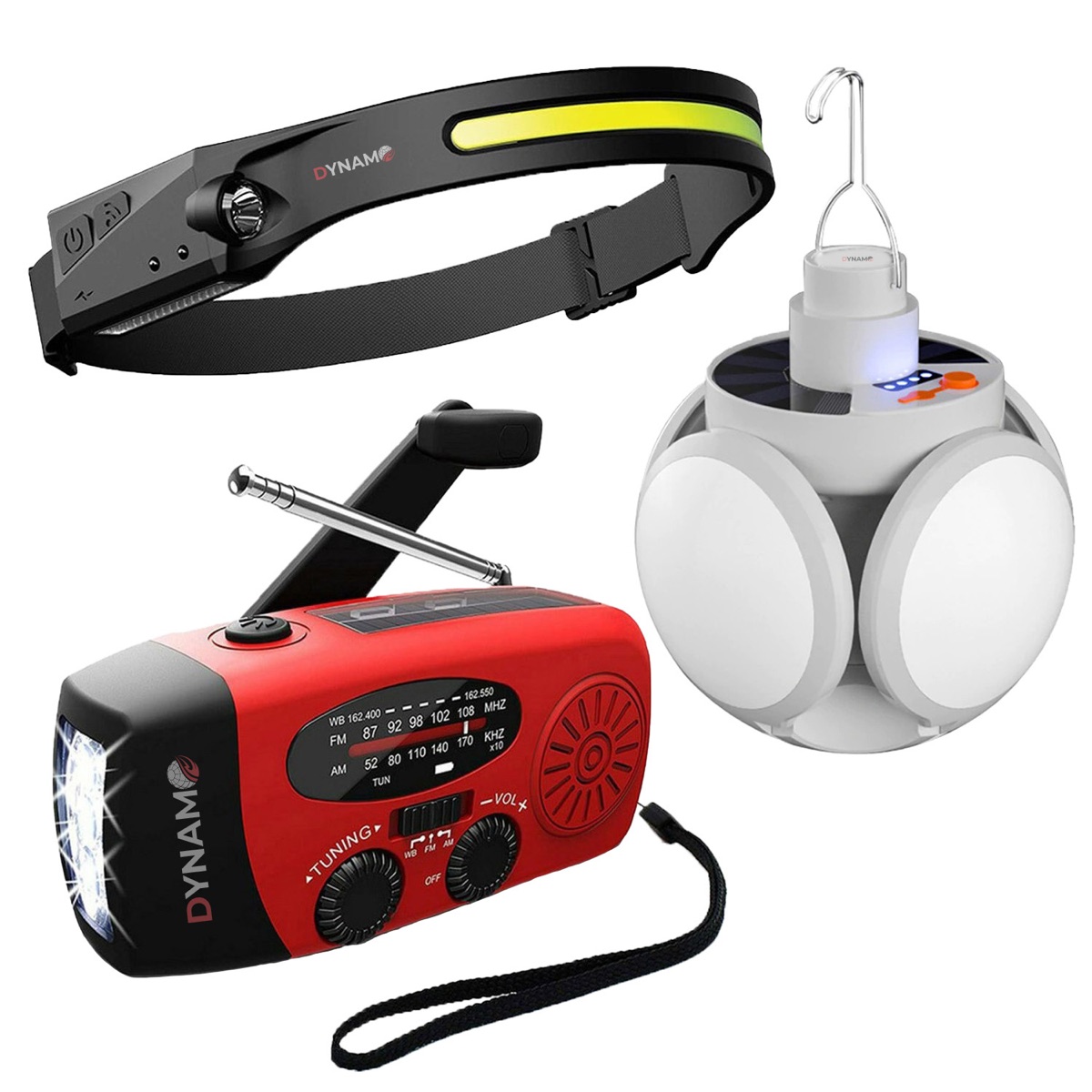Das DYNAMO Notfallset Mittel mit Kurbelradio, Campinglampe und Stirnlampe